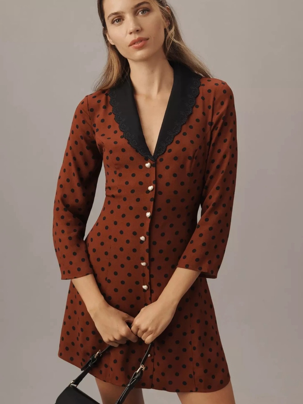 Reformation Brown Polka Dot Mini Dress with Black Scallop Collar